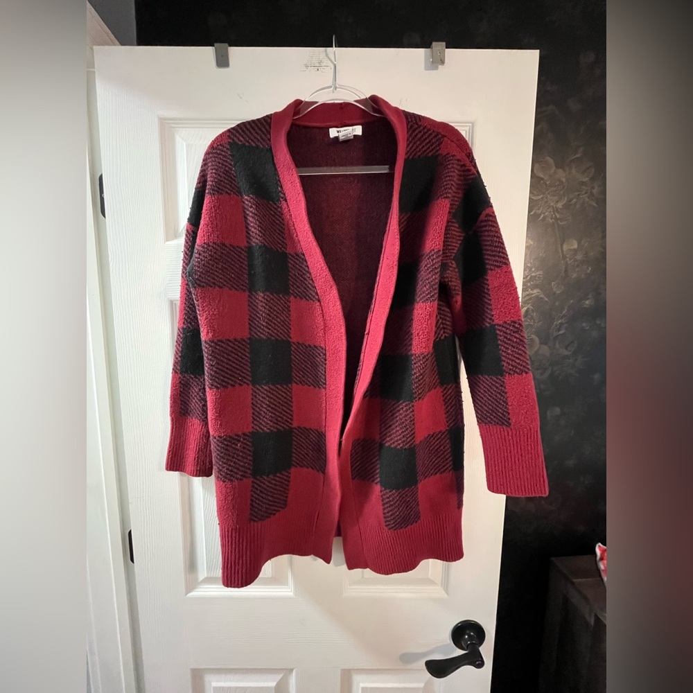 William Rast Red and Black Plaid Cardigan